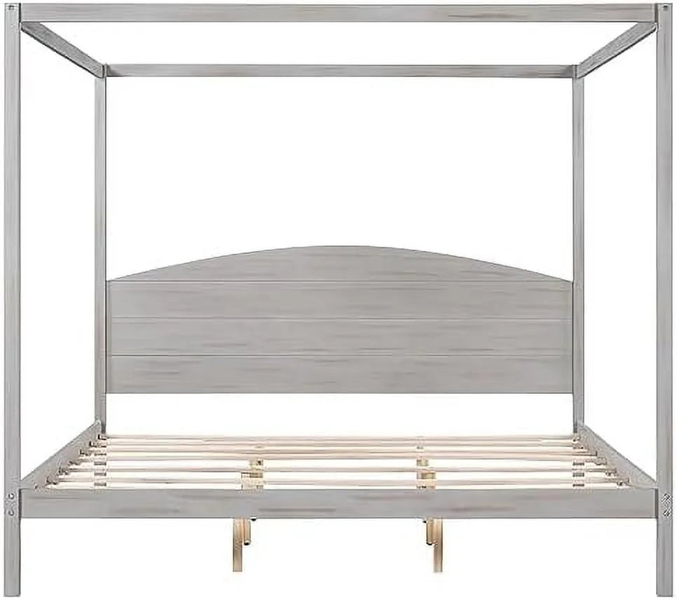 White Queen Size 4-Poster Wood Canopy Bed Frame with Headboard B814245