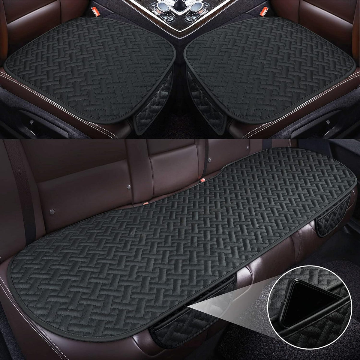 Black Leather Car Seat Bottom Covers with Pocket G719047