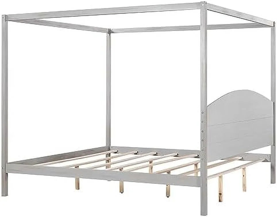 White Queen Size 4-Poster Wood Canopy Bed Frame with Headboard B814245