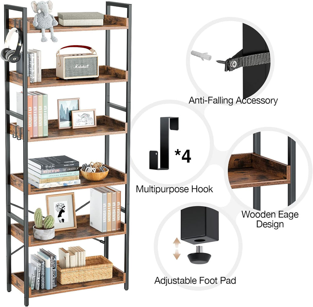 5 Tier Wood Bookshelf with 4 Hooks T41669