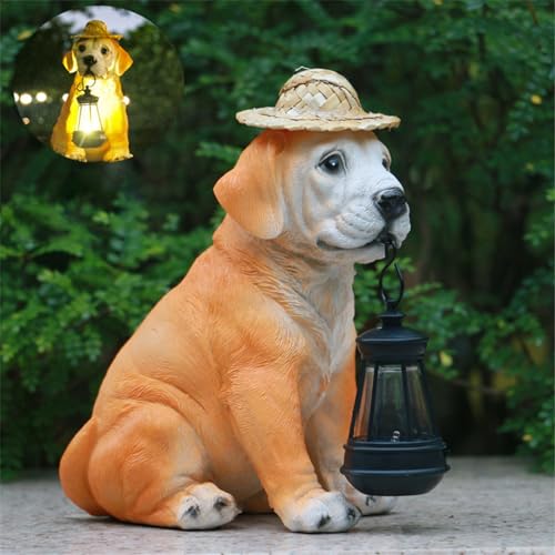Resin Dog Statues with Straw Hat and Solar Led Lantern Z709745