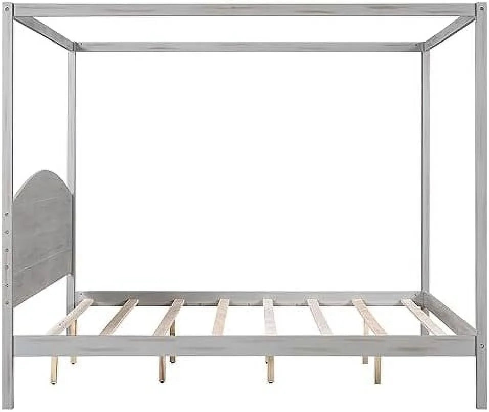 White Queen Size 4-Poster Wood Canopy Bed Frame with Headboard B814245