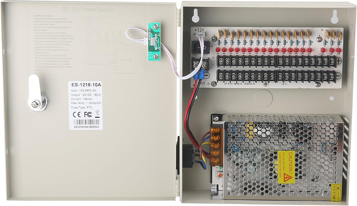 18 Channel DC12V 20 Amp Reset Fuse CCTV DC Distributed Power Box with AC Plug and Lock Y2669