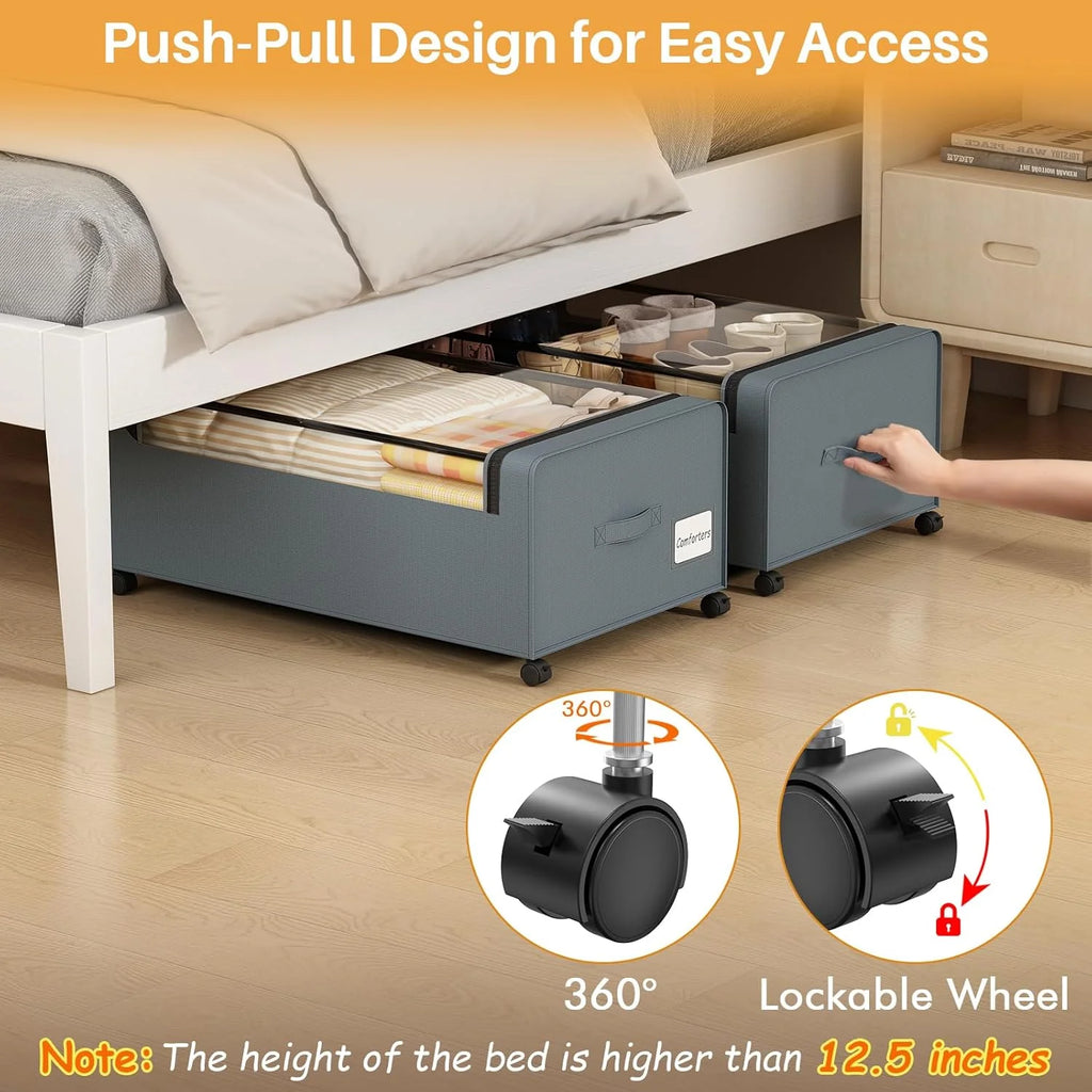 12 inch Under Bed Storage Bins with Clear Lid, Wheels, 2 Pack, Grey, 30.7x17.3x12 Y6674