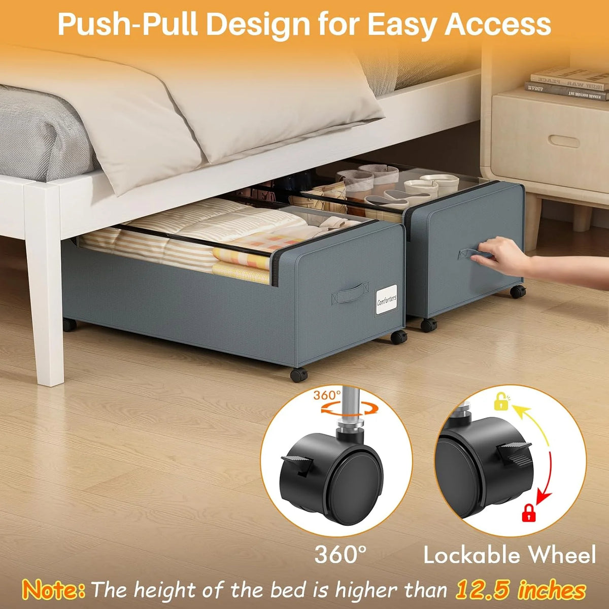 12 inch Under Bed Storage Bins with Clear Lid, Wheels, 2 Pack, Grey, 30.7x17.3x12 Y6674