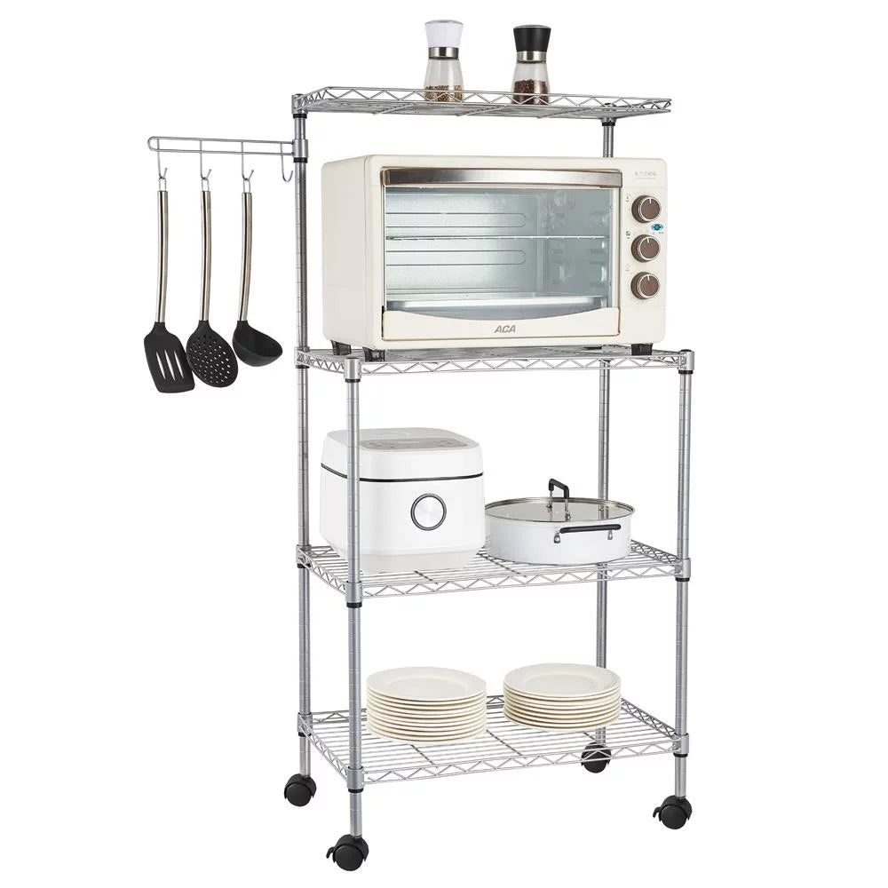 4-Tier Chrome Kitchen Storage Rack with Hanging Hooks Y778