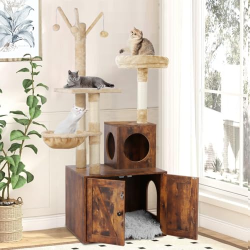 2-in-1 Wooden Cat Tree Tower with Litter Box Enclosure H70553