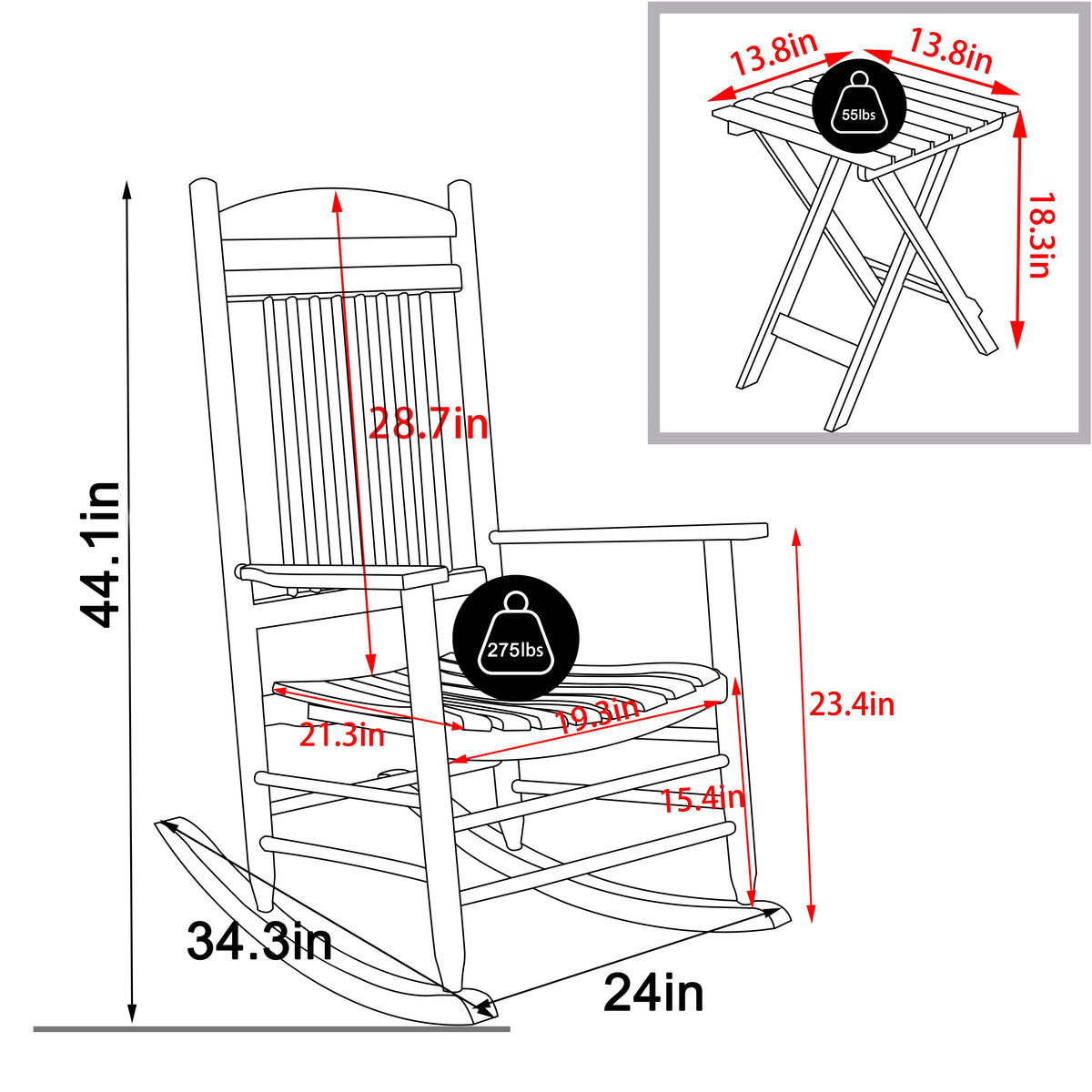 Black Wood Rocking Chair Set of 3 with Foldable Table N3152