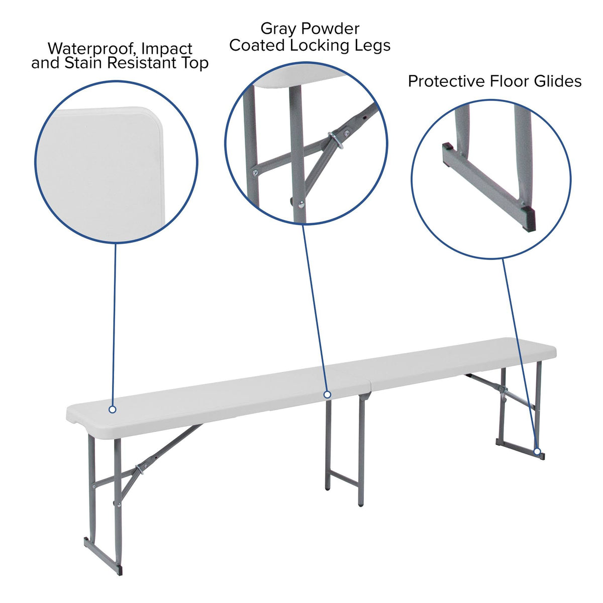 10.25 x 71 Inch Granite White Plastic Bench with Carrying Handle M926065