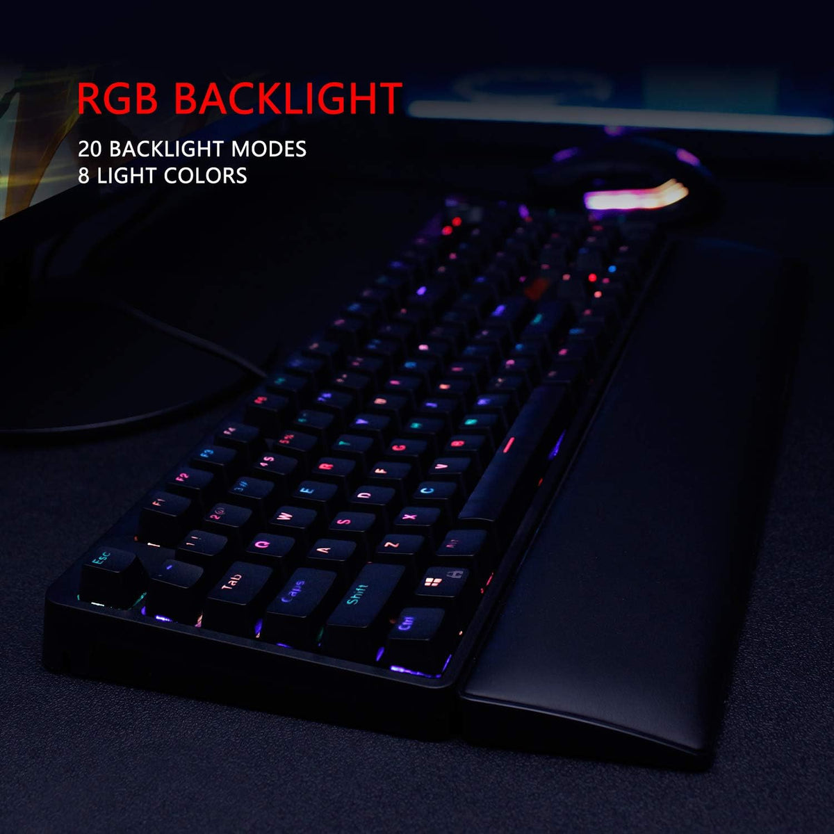 RedThunder K55 Mechanical Gaming Keyboard, Quiet Red Switch, Chroma RGB Lighting, Soft Leather Wrist-Rest, Standard Full Size Wired Keyboard with Dedicated Media Keys & Dial for PC M584