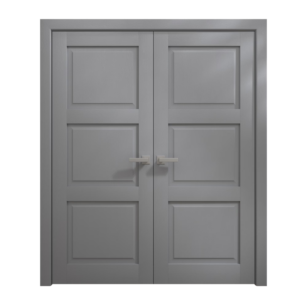 Solid French Double Doors 36 x 80 inches Painted Grey Oak Wood S1421