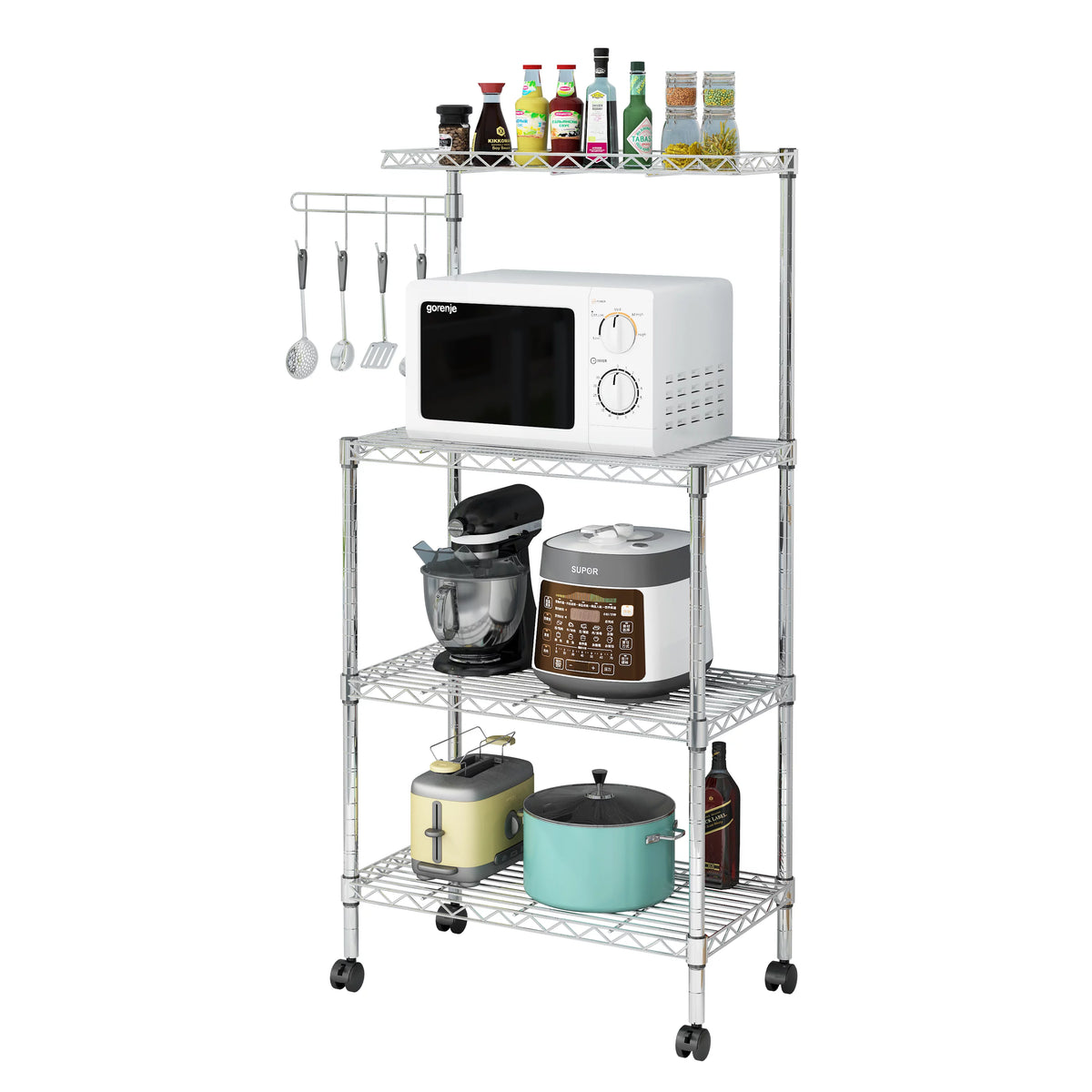 4-Tier Chrome Kitchen Storage Rack with Hanging Hooks Y778
