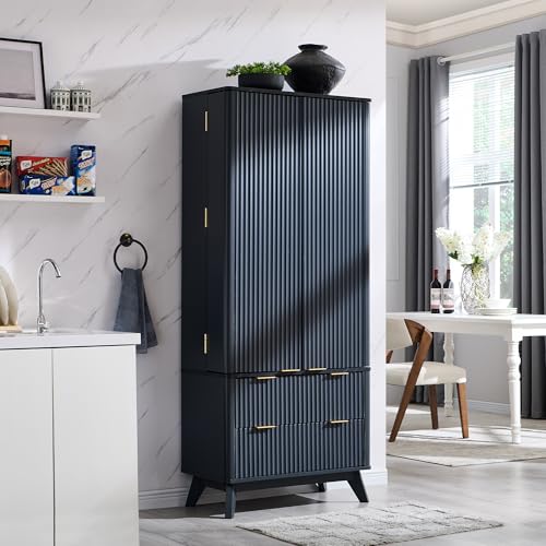 72" Dark Grey Wood Pantry Cabinet with 10 Door Shelves & 2 Drawers Q89655