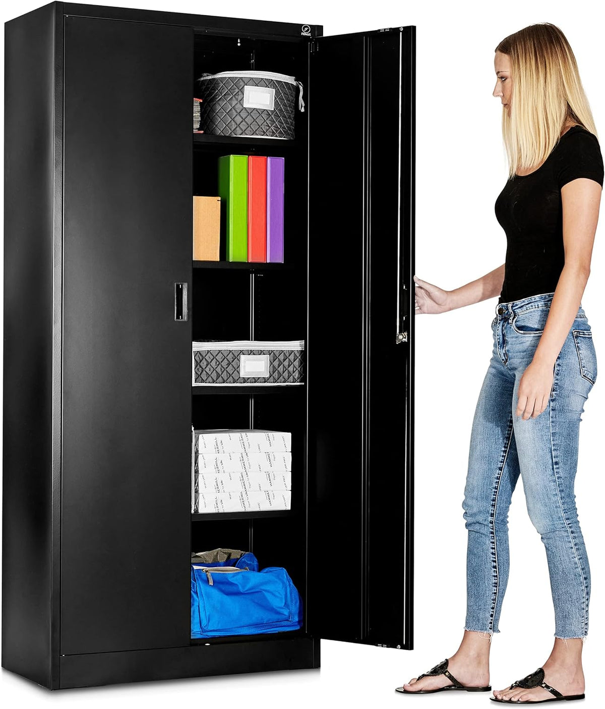 Black Steel Garage Storage Cabinet with Adjustable Shelves and Locking Doors K431633