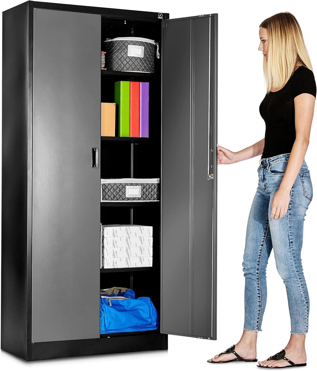 Black Steel Garage Storage Cabinet with Adjustable Shelves and Locking Doors K431633