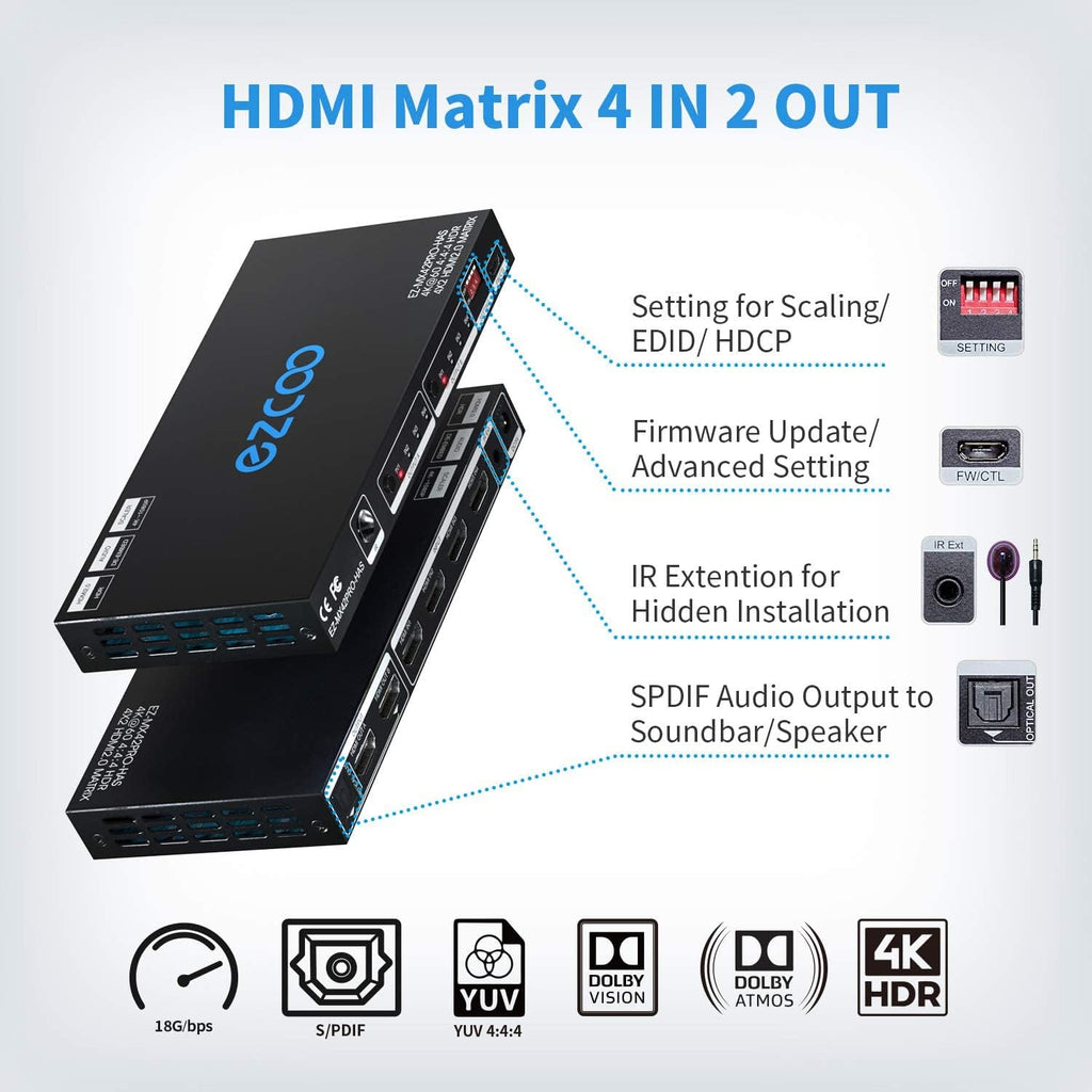 HDMI Matrix 4 In 2 Out 4K 60Hz HDR 10 SPDIF 5.1CH Audio Extractor G303