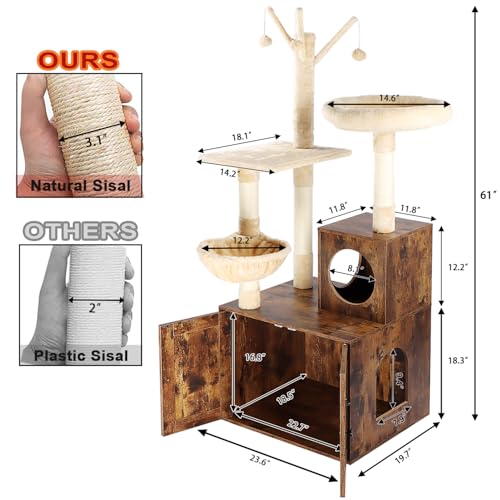 2-in-1 Wooden Cat Tree Tower with Litter Box Enclosure H70553