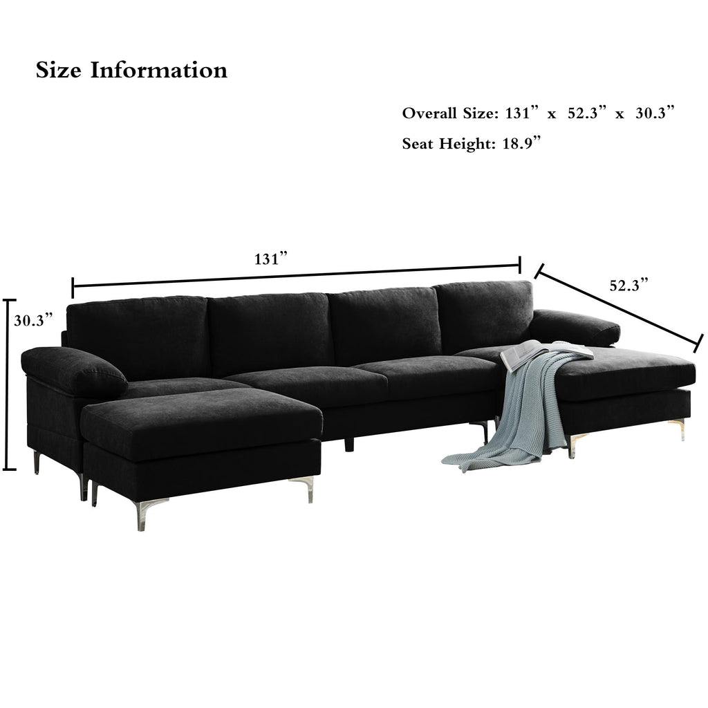Black Polyester L-Shaped Sectional Sofa with Ottoman O2085