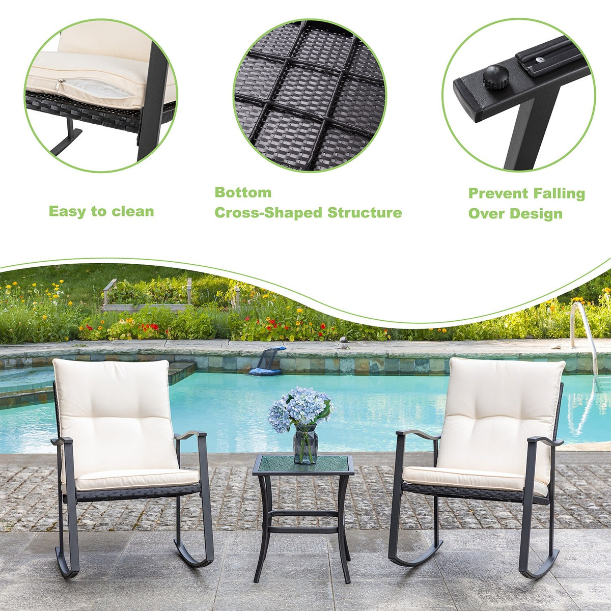 3 Piece Beige Outdoor Rocking Chair Set C80886