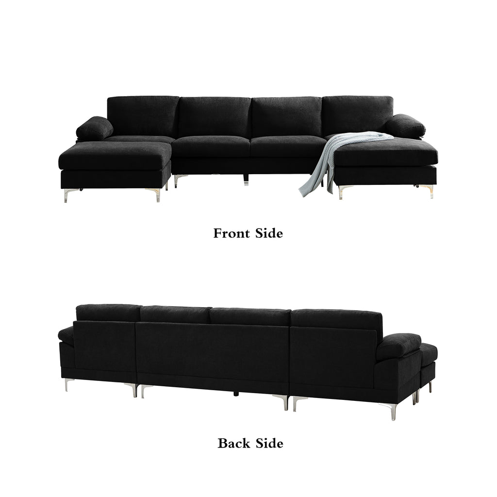 Black Polyester L-Shaped Sectional Sofa with Ottoman O2085