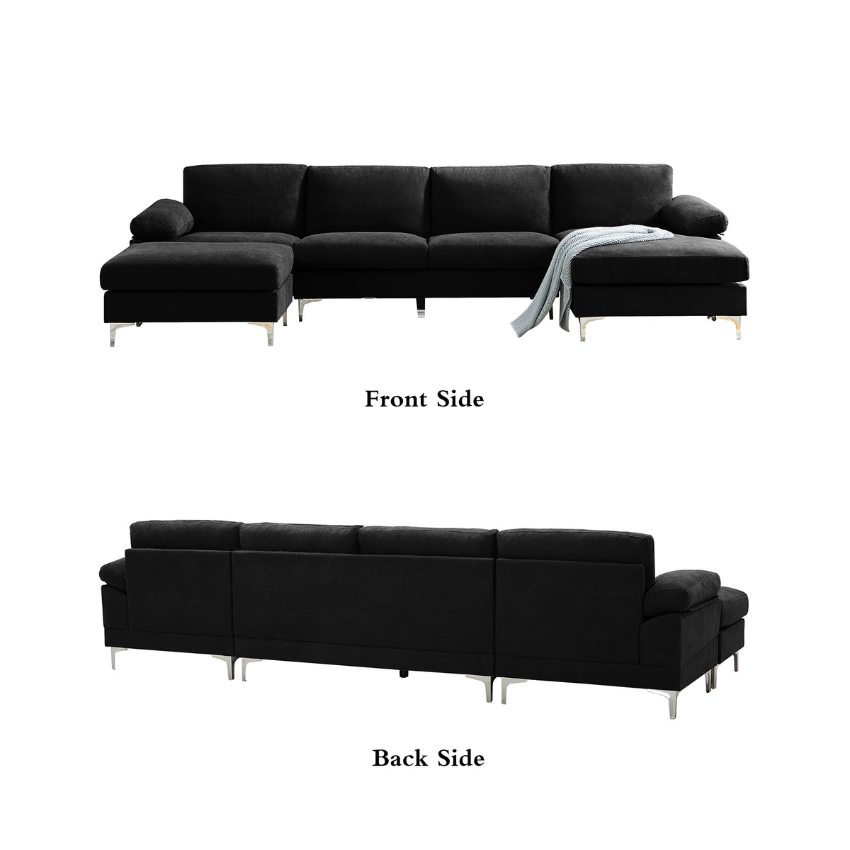 Black Polyester L-Shaped Sectional Sofa with Ottoman O2085