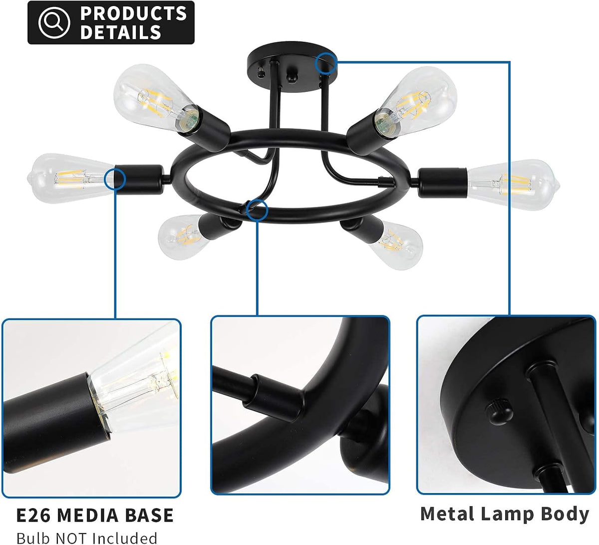 Black 6 Lights LED Semi Flush Mount Ceiling Light T793997