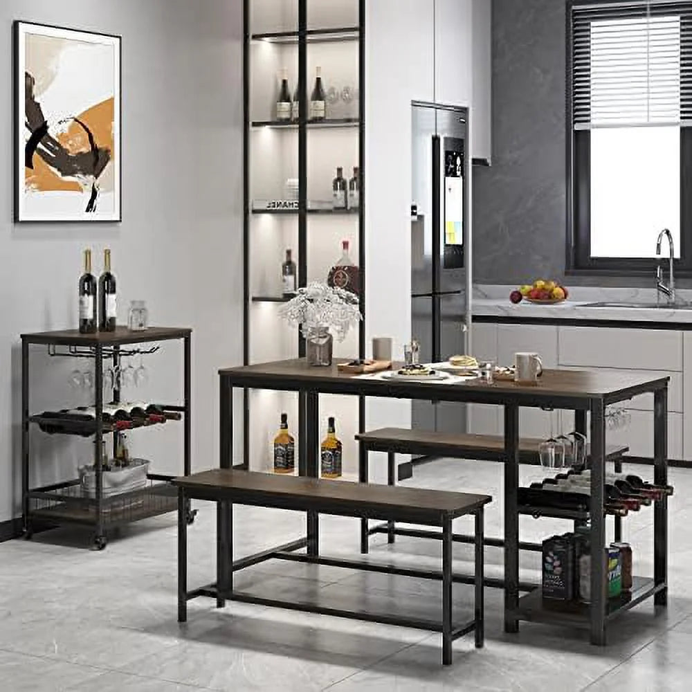 3-Piece Rustic Wood Dining Table Set with Benches A70649