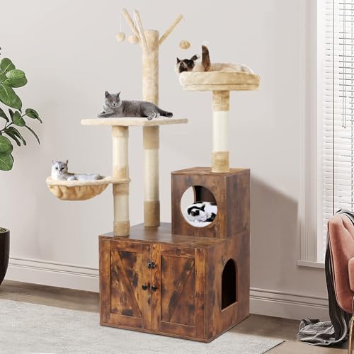 2-in-1 Wooden Cat Tree Tower with Litter Box Enclosure H70553