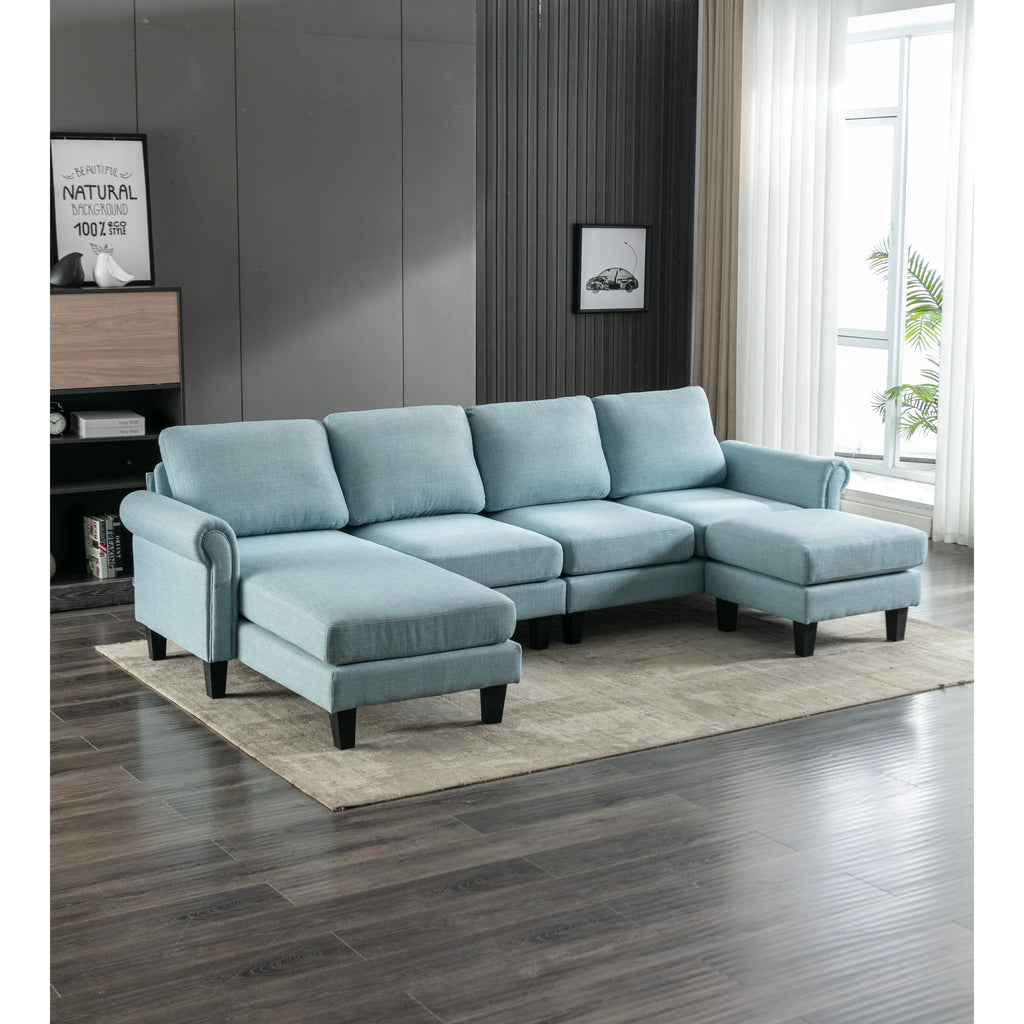 Charcoal Grey Linen U-shape Sofa Set with Reversible Ottomans T375957