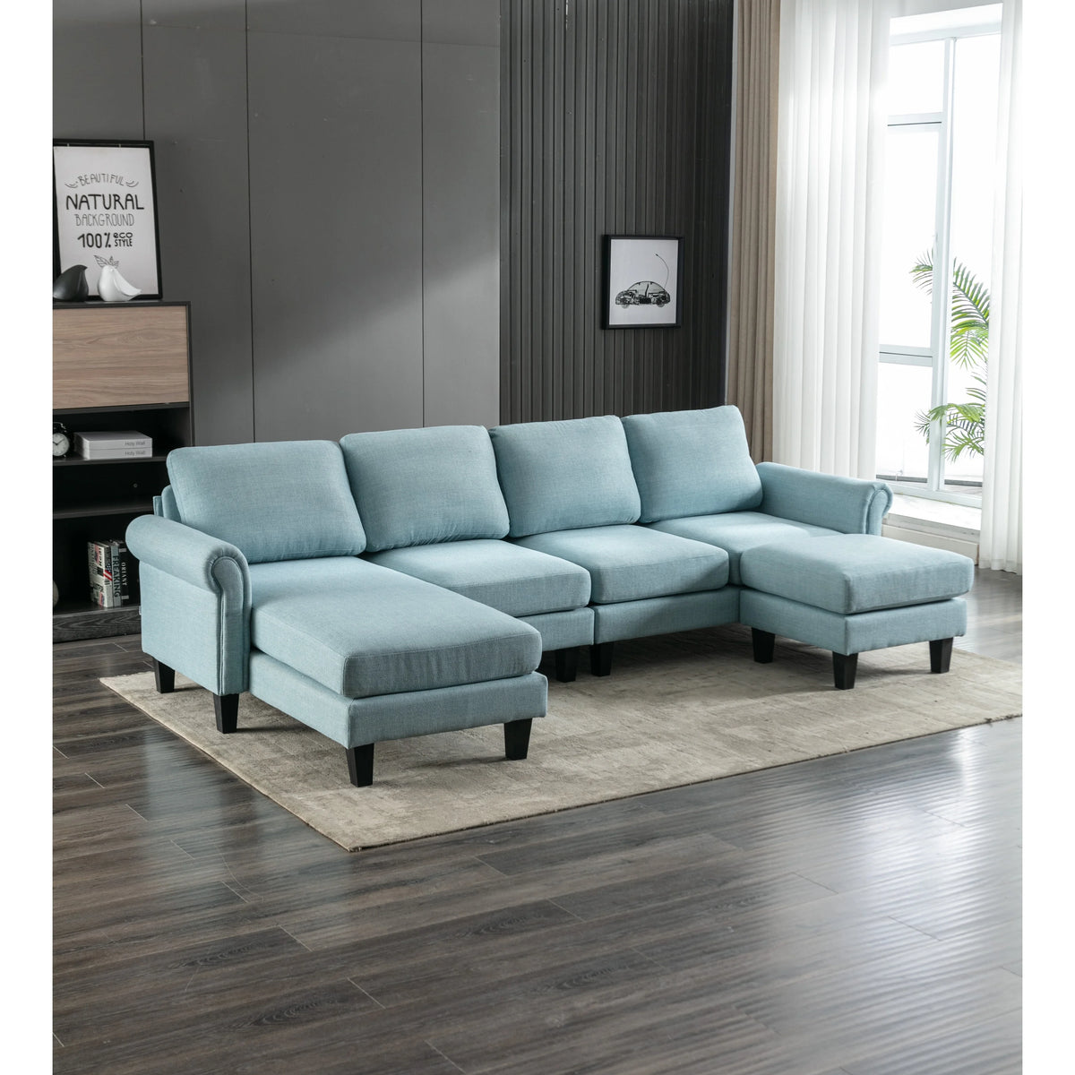 Charcoal Grey Linen U-shape Sofa Set with Reversible Ottomans T375957