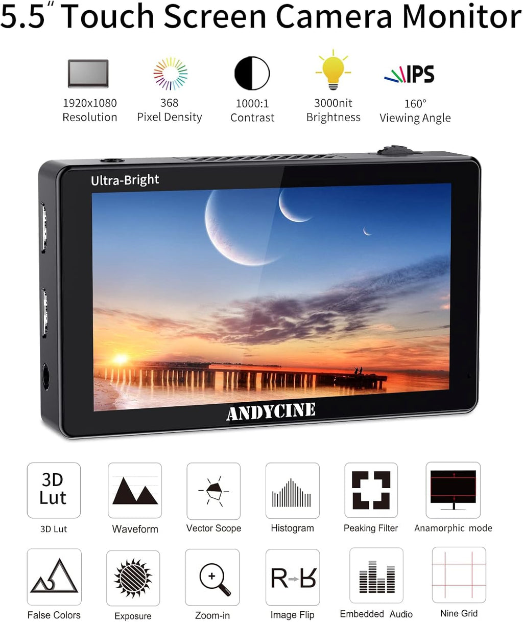 5.5 Inch 3000nit Touch Screen On-Camera Field Monitor with F970 External Power 4K HDMI Input Output G385