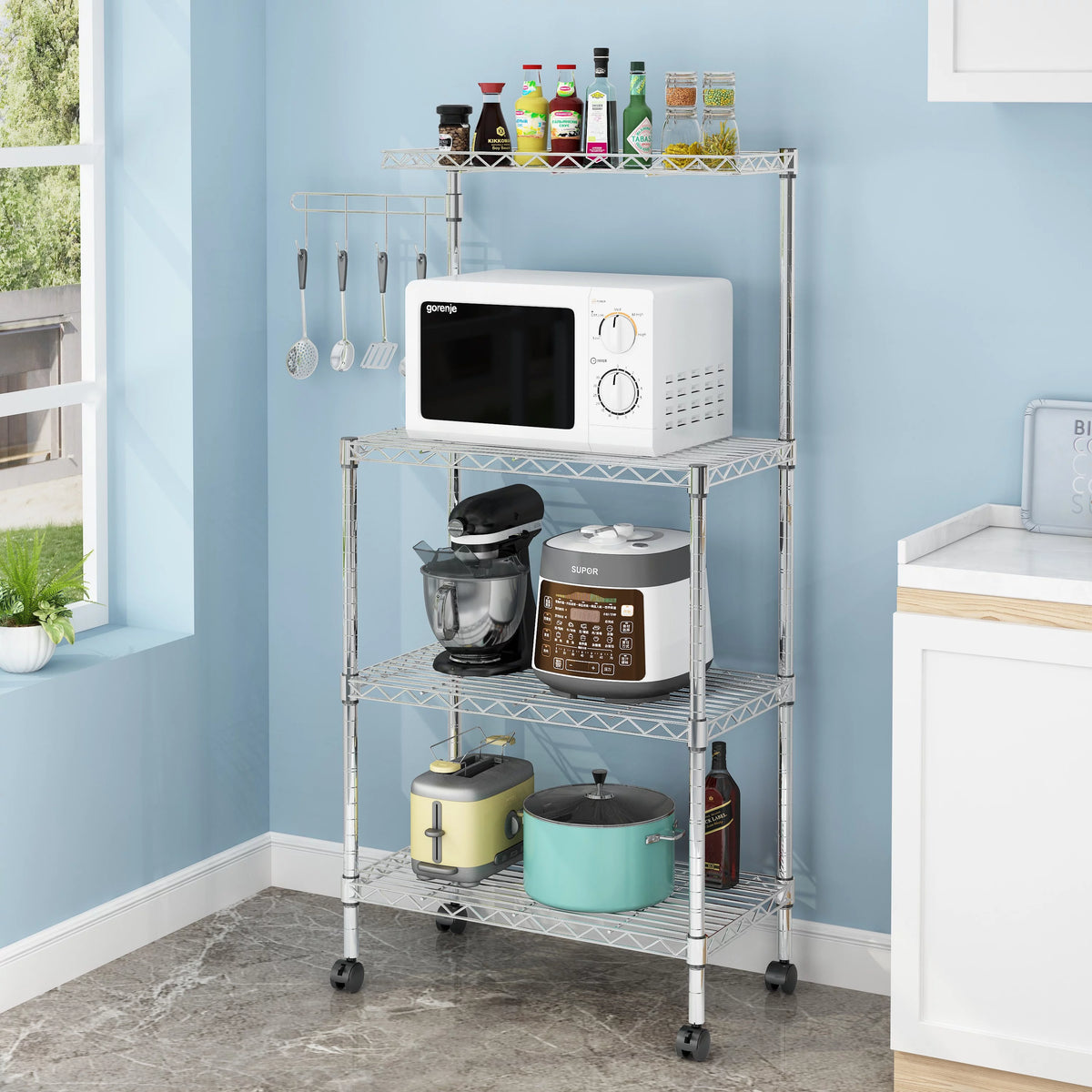 4-Tier Chrome Kitchen Storage Rack with Hanging Hooks Y778
