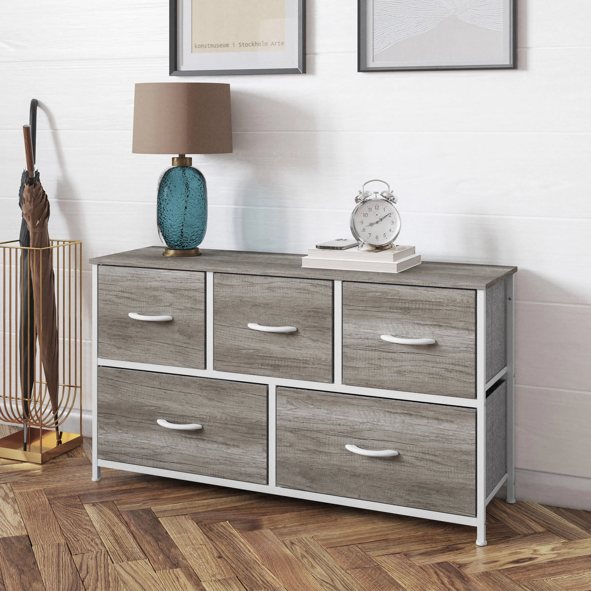 5 Drawer Storage Dresser with White Cast Iron Frame and Light Natural Wood Top E838959