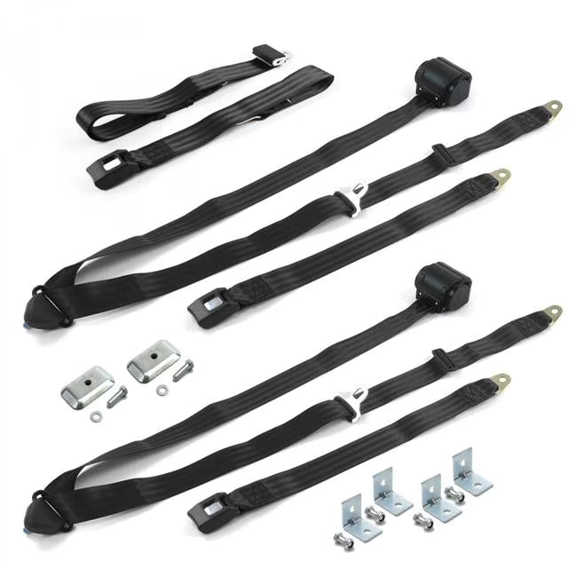 3 Point Retractable Bench Seat Belt Kit with Bracketry & 3 Belts, Black K4353