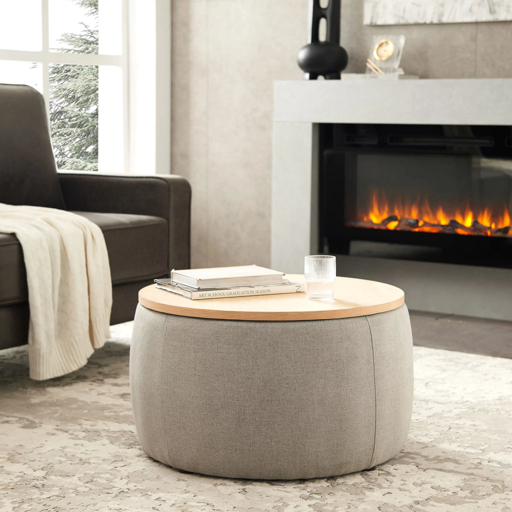 Grey Round Storage Ottoman with Wood Tray V3448
