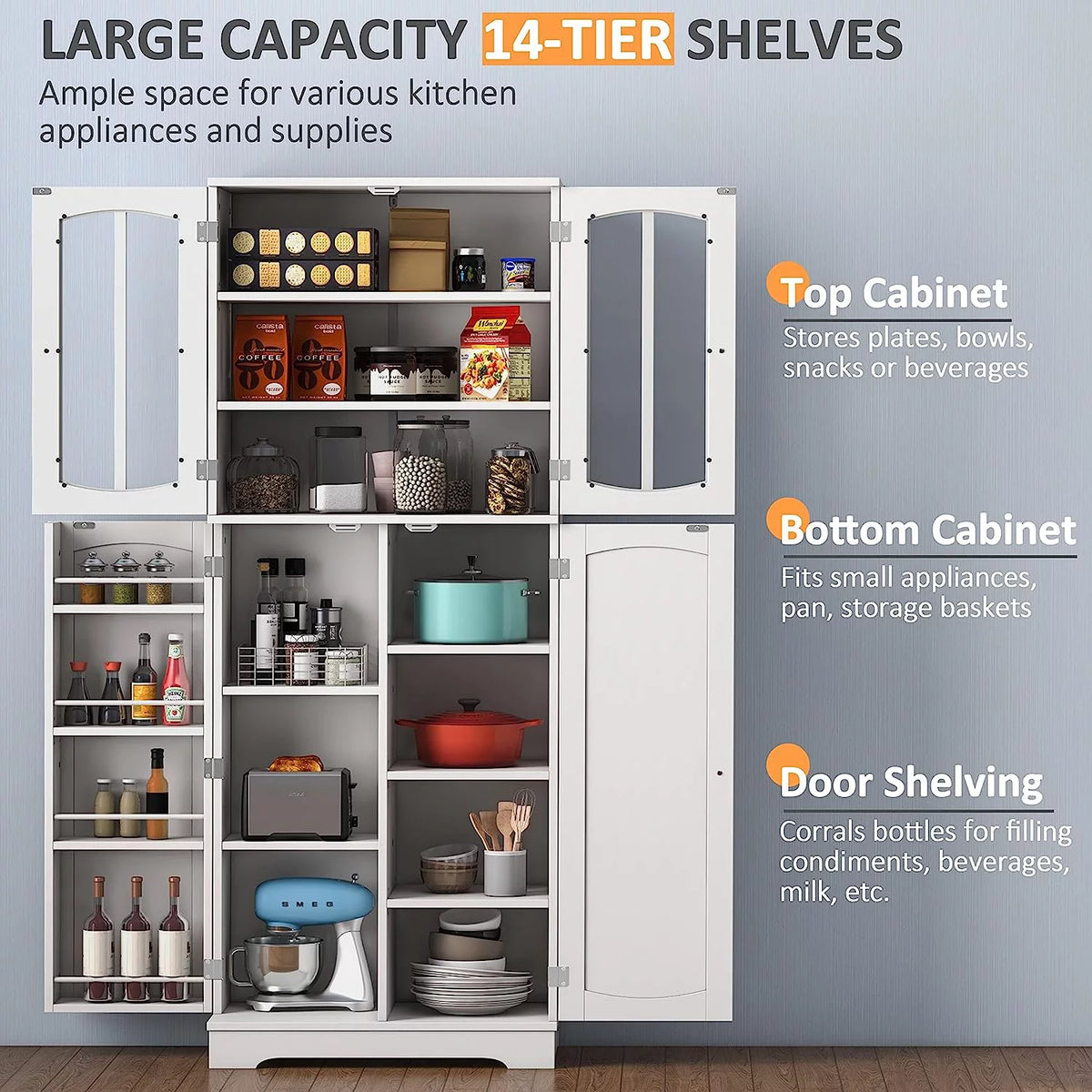 White Wood Kitchen Pantry Storage Cabinet with Doors and Shelves Y81682