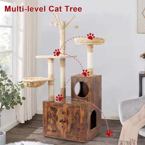 2-in-1 Wooden Cat Tree Tower with Litter Box Enclosure H70553