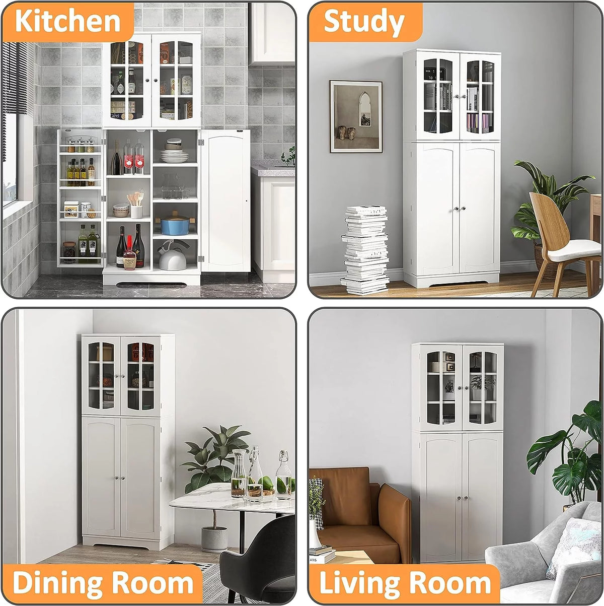 White Wood Kitchen Pantry Storage Cabinet with Doors and Shelves Y81682