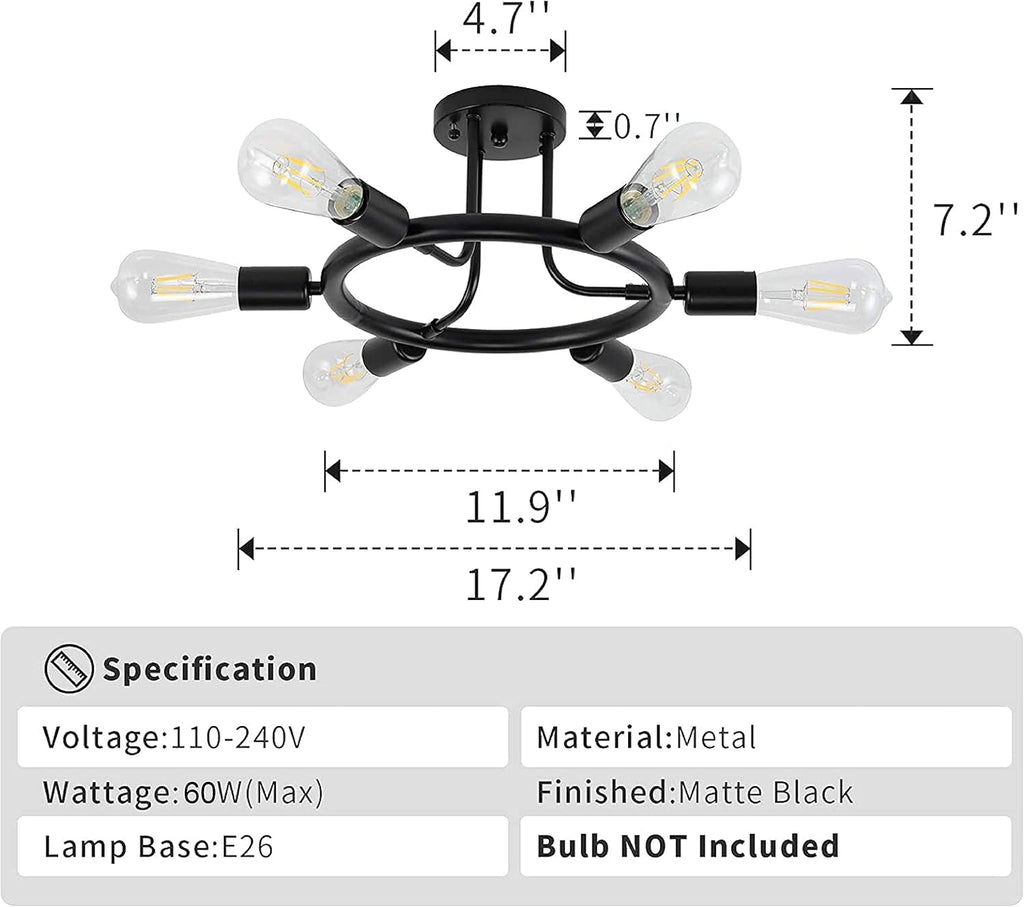 Black 6 Lights LED Semi Flush Mount Ceiling Light T793997