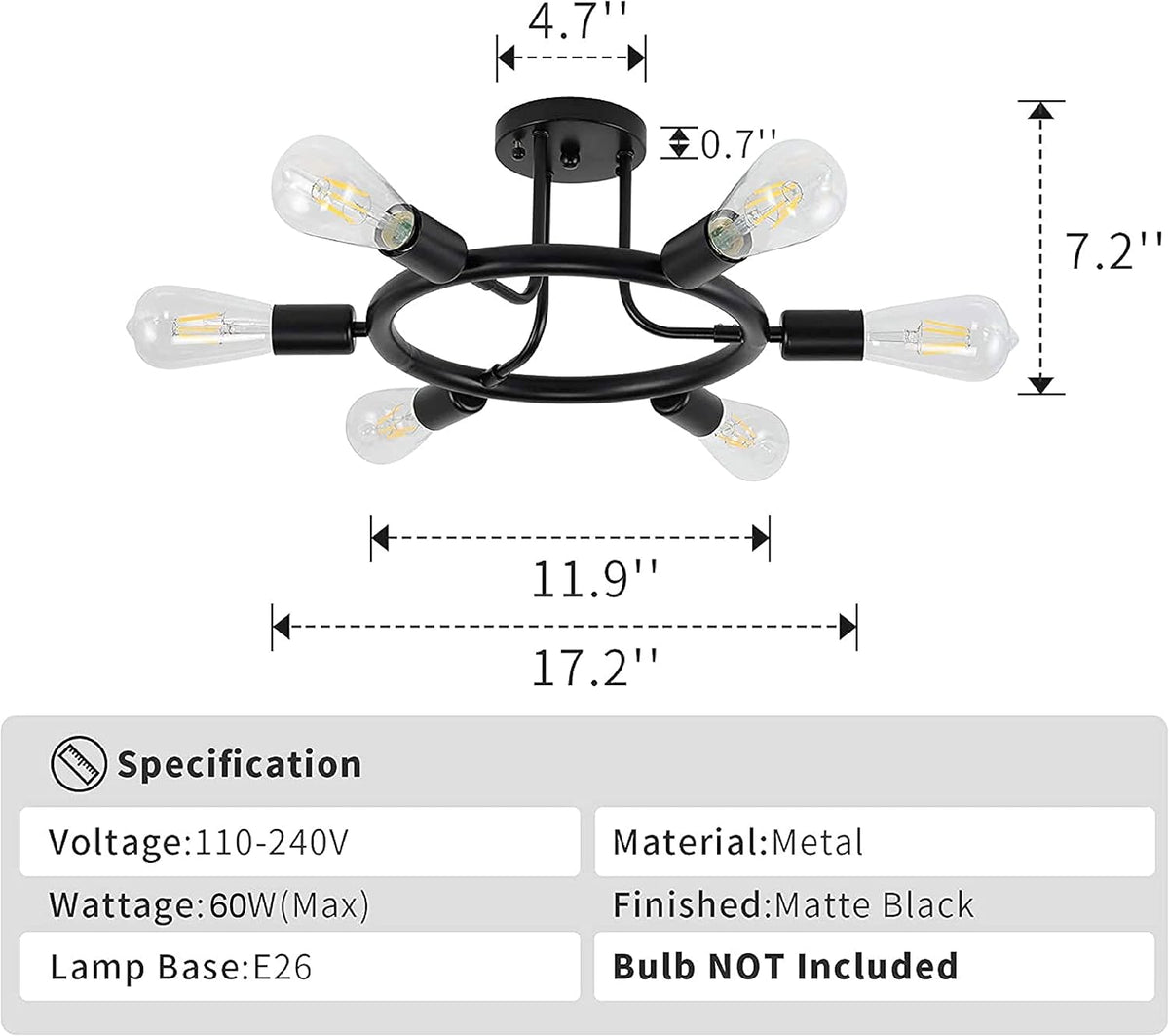 Black 6 Lights LED Semi Flush Mount Ceiling Light T793997