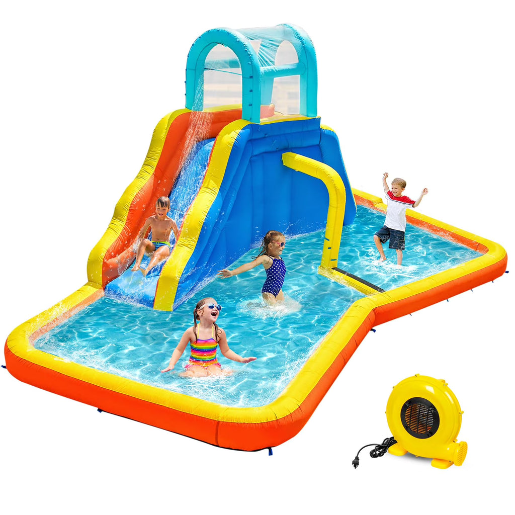 Inflatable Water Slide Park with Spray Pool, Bounce House with Climbing Wall and Blower A566956