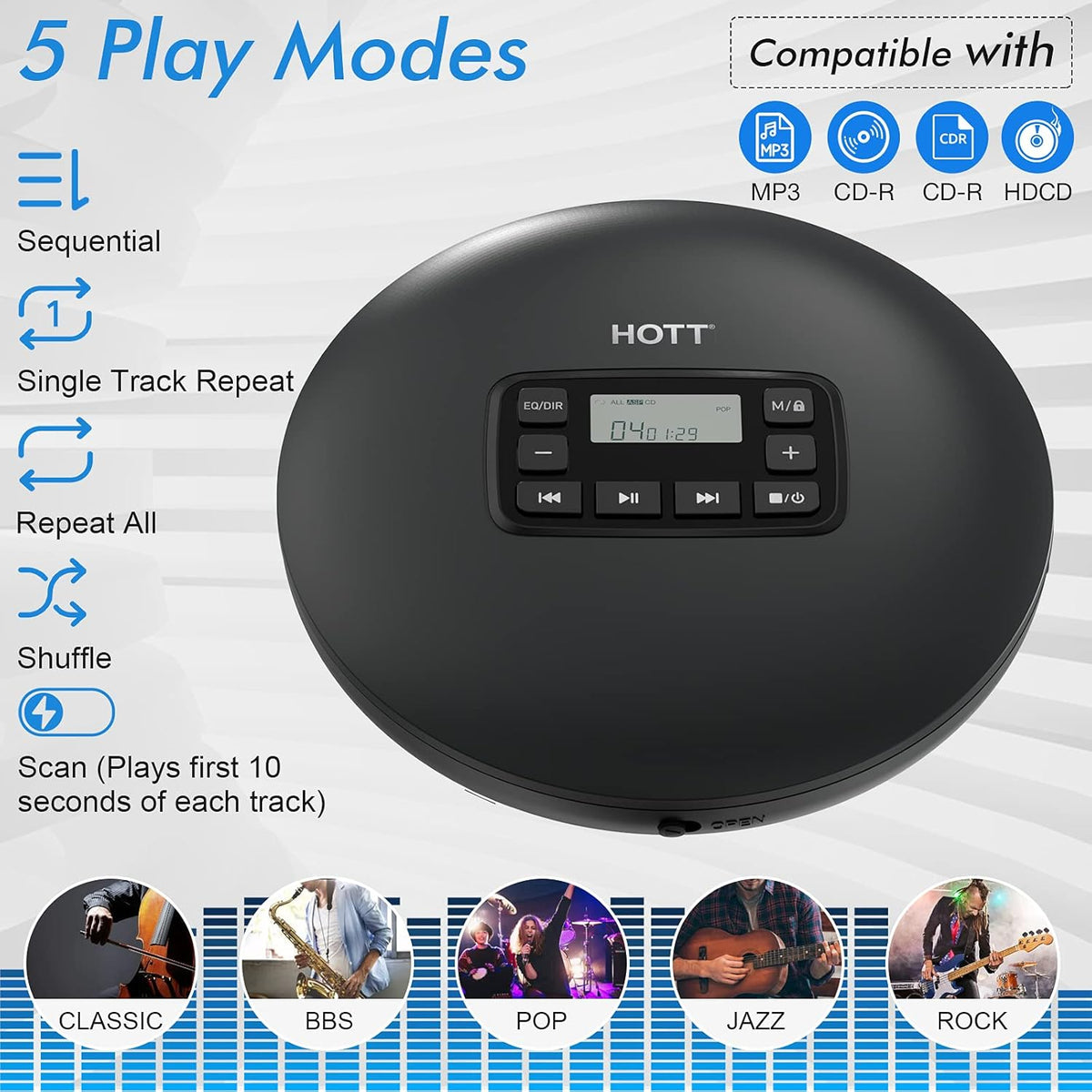 Portable CD Player with Headphones, Anti-Skip, LCD Display, Black B443