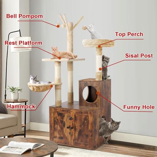 2-in-1 Wooden Cat Tree Tower with Litter Box Enclosure H70553