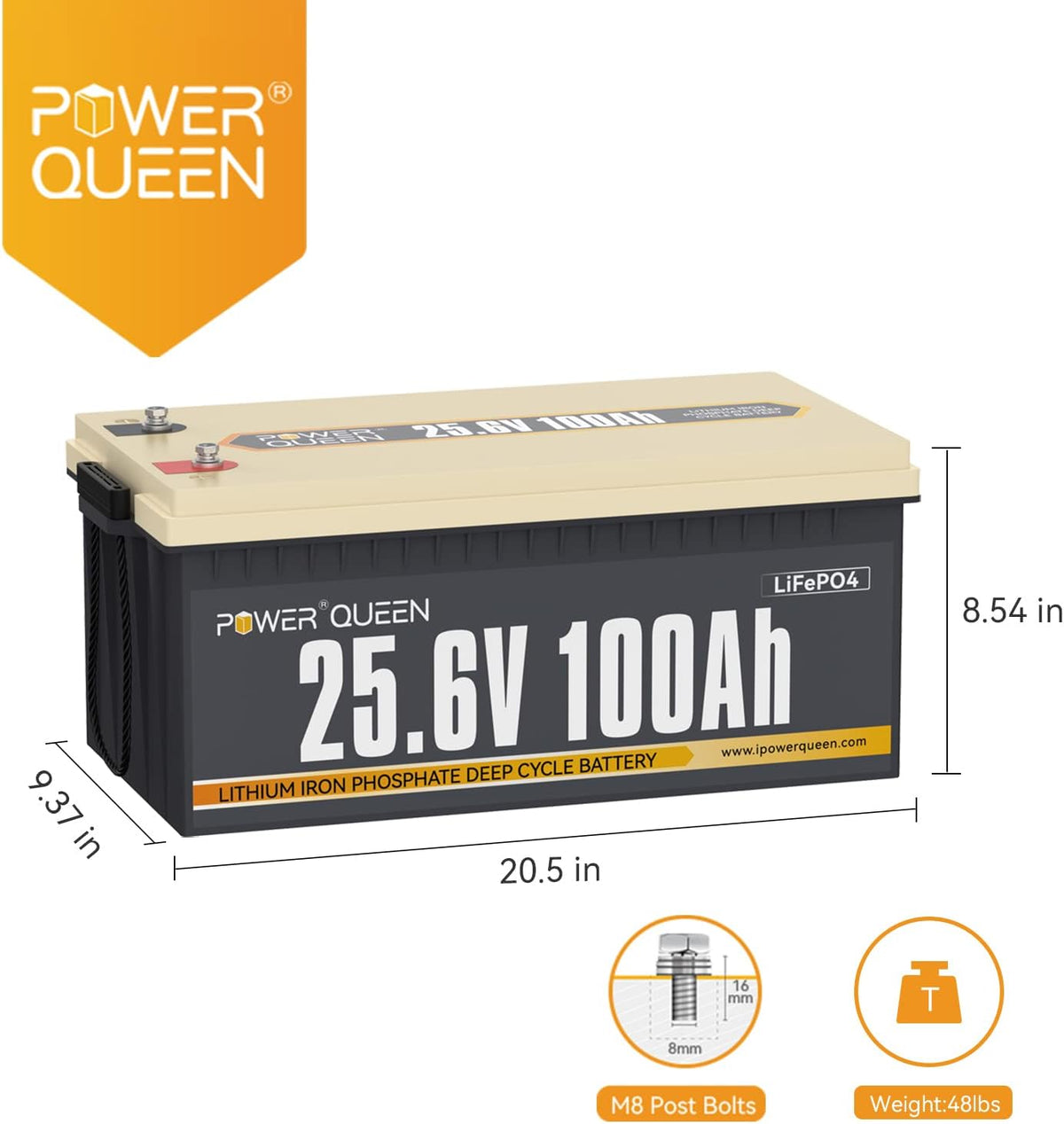 25.6V 100Ah 2.56kWh Deep Cycle LiFePO4 Battery with 100A BMS H164346