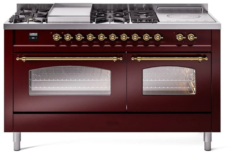 60 Dual Fuel Natural Gas Range in Burgundy with Brass Trim G687772