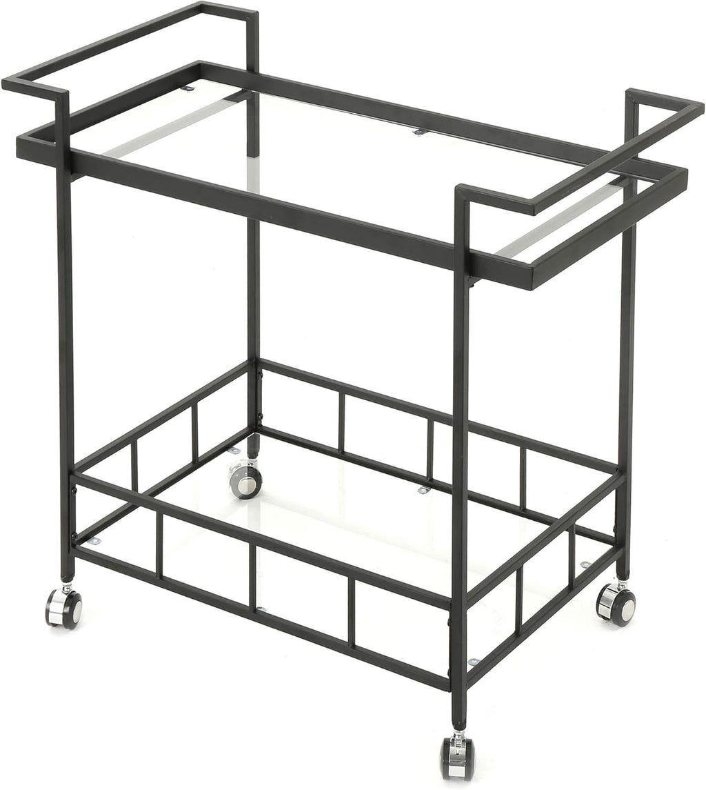 Black Industrial Iron Bar Cart with Tempered Glass Shelves H231