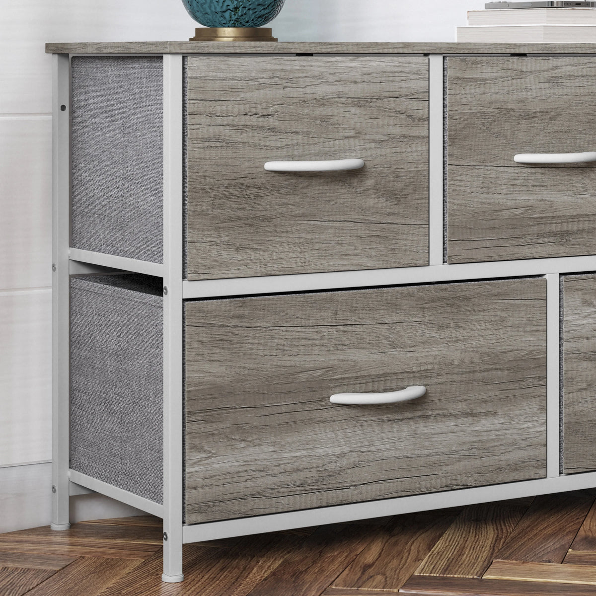 5 Drawer Storage Dresser with White Cast Iron Frame and Light Natural Wood Top E838959