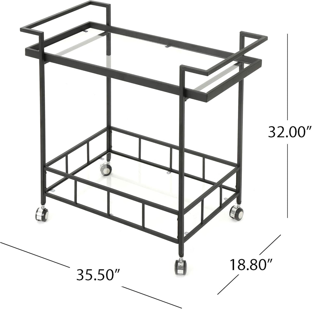 Black Industrial Iron Bar Cart with Tempered Glass Shelves H231