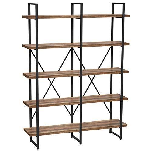 Double Wide 5-Tier Open Bookcase Wood and Metal Shelves E82338