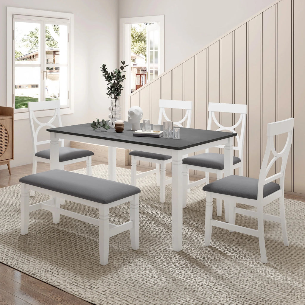 6 Piece Dining Table Set with 4 Chairs and Upholstered Bench A7041